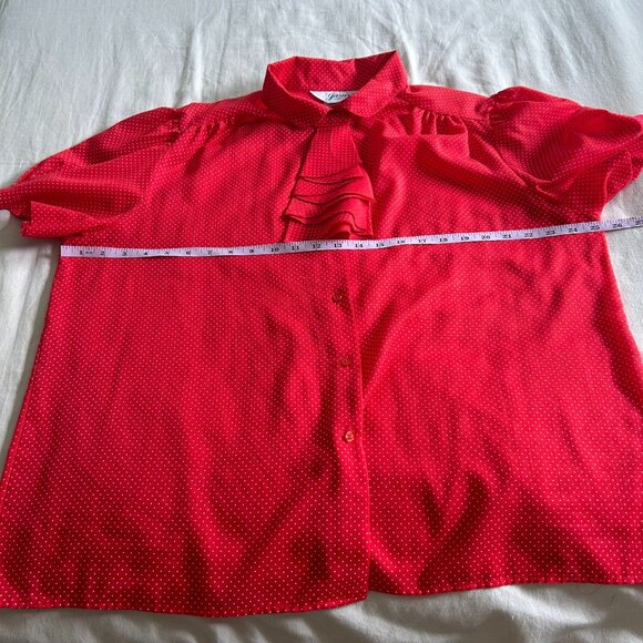 Vintage Red Polka Dot Button-Up Blouse With Ruffle Tie Neck & Puff Sleeves - Picture 8 of 10